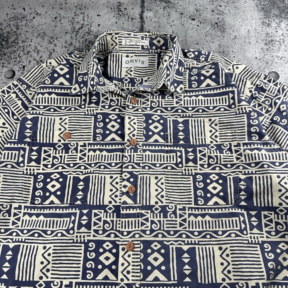 VTG 90s Orvis Shirt Men Large Polynesian Hawaiian Button Up Camp Gray Tan Beach - Picture 2 of 7